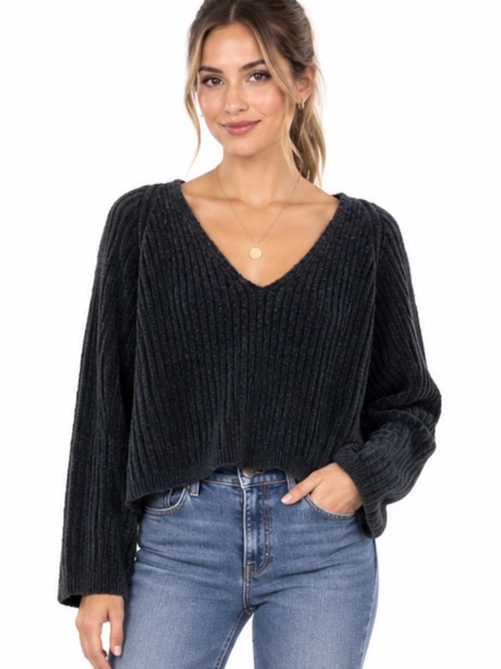 MISSGUIDED oversized super cropped slouchy black knit black sweater size 4